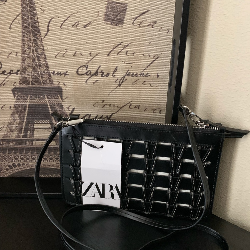 Zara Black Basket Weave Crossbody Shoulder Purse Bag Nwt